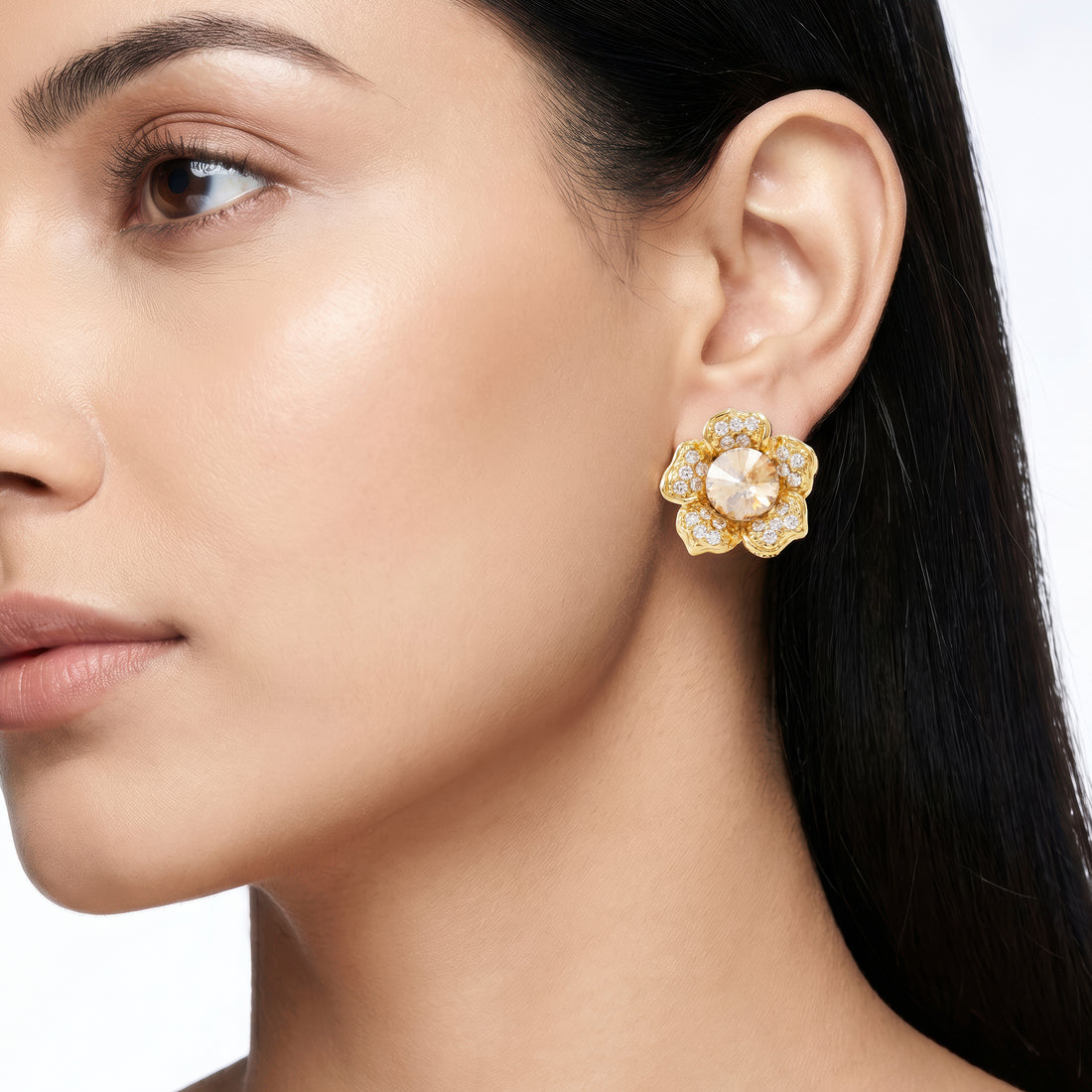 PRAO Earrings Anti-Tarnish Champagne Crystal Flower Minimalist