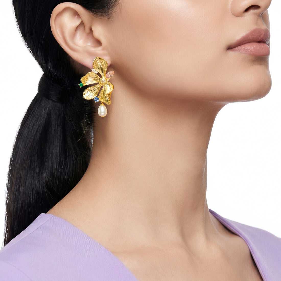 PRAO Earrings Anti-Tarnish Abstract Flower Statement With Colorful Crystals