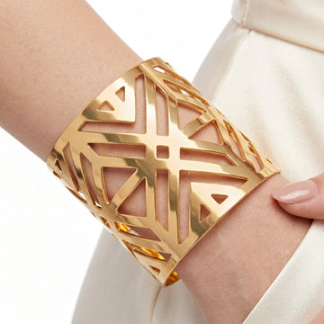 PRAO Bracelet Anti-Tarnish Wide Cuff With Open-Work Triangles (Adjustable Size)