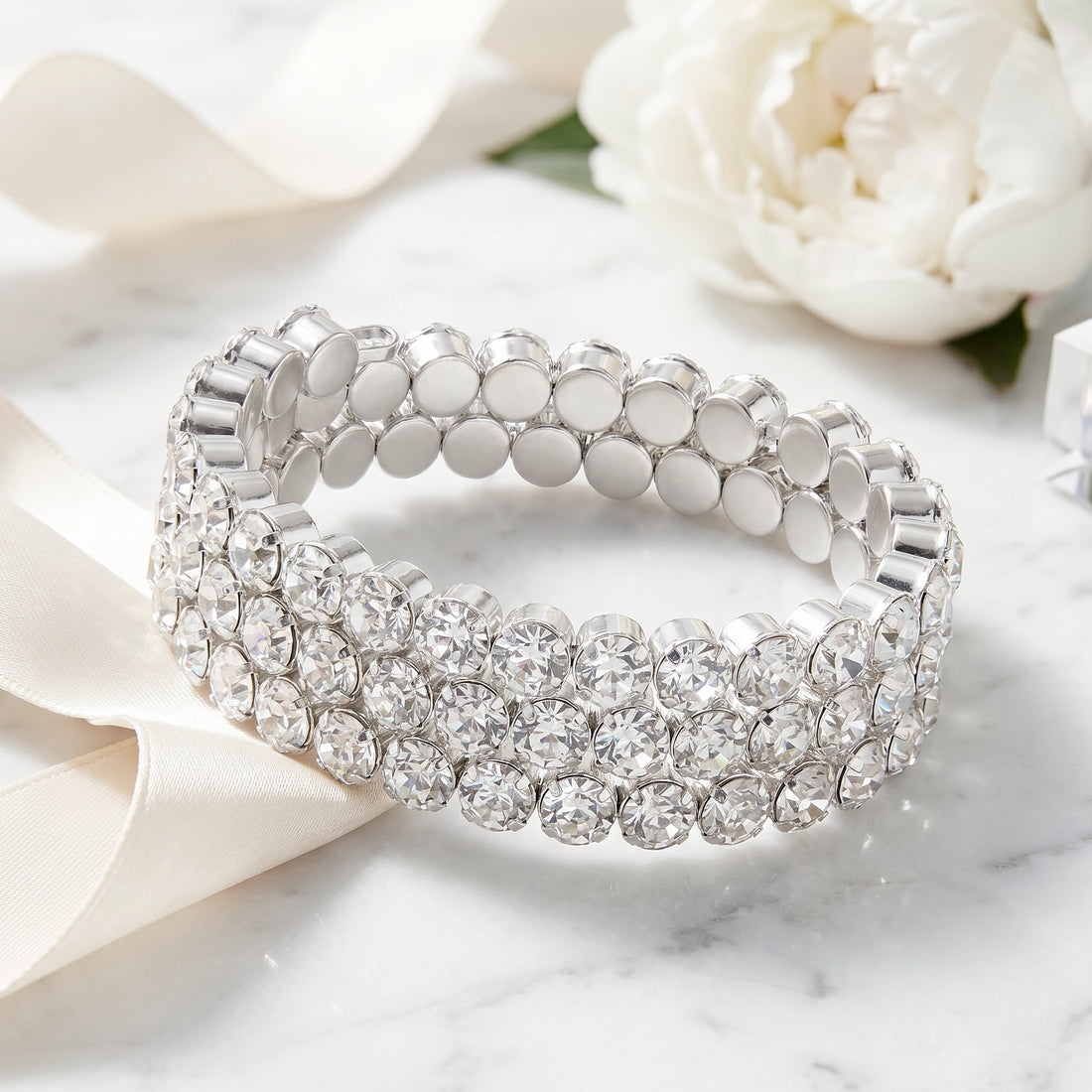PRAO Bracelet Anti-Tarnish Triple-Row Spiral With Clear Crystals (Adjustable Size)