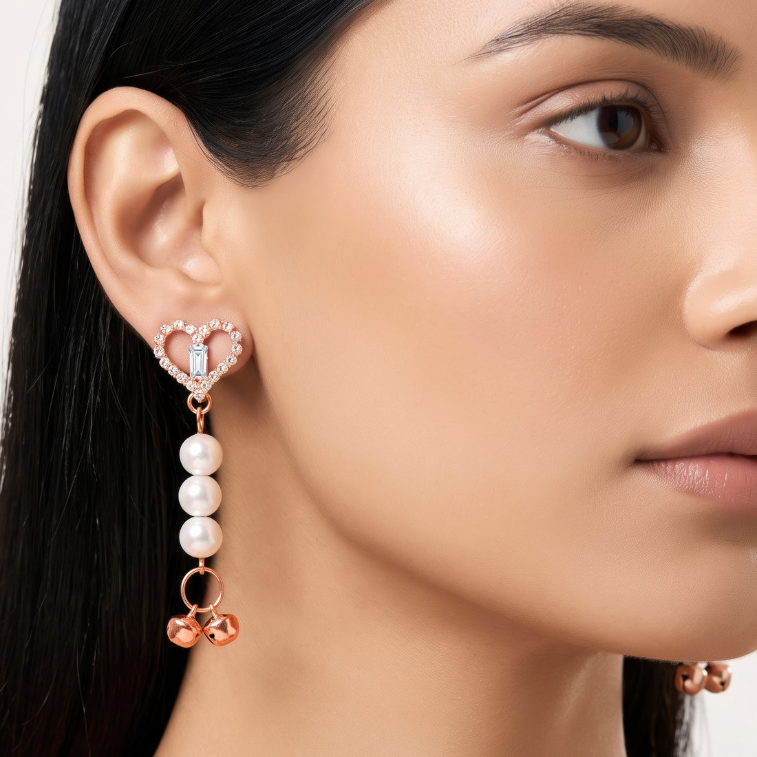 PRAO Earrings Anti-Tarnish Heart Pearl Dangles With Bell Accents