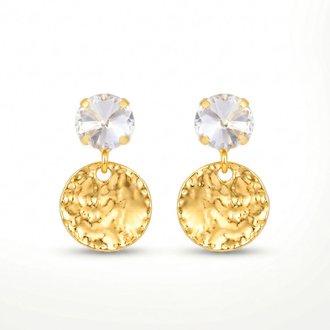 PRAO Earrings Anti-Tarnish Hammered Coin Danglers With White Crystal