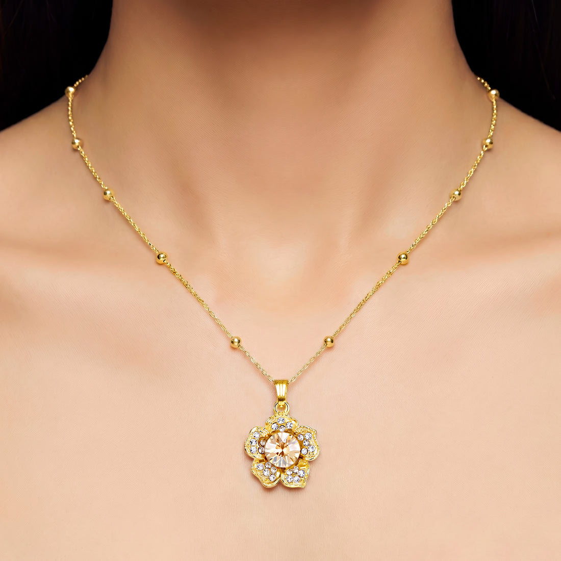 PRAO Necklace Anti-Tarnish Champagne Crystal Flower Minimalist Pendant