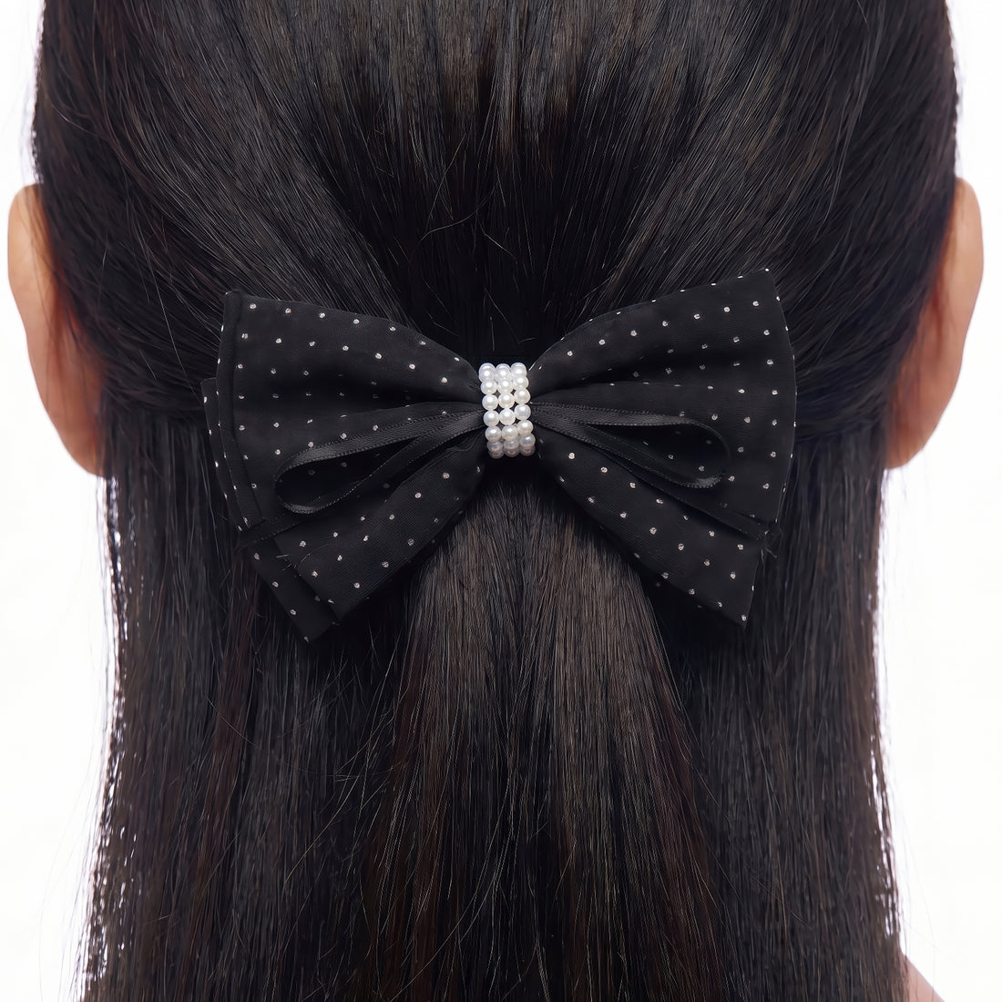 PRAO Hair Clip Black Polka Dot Bow With Pearl Center