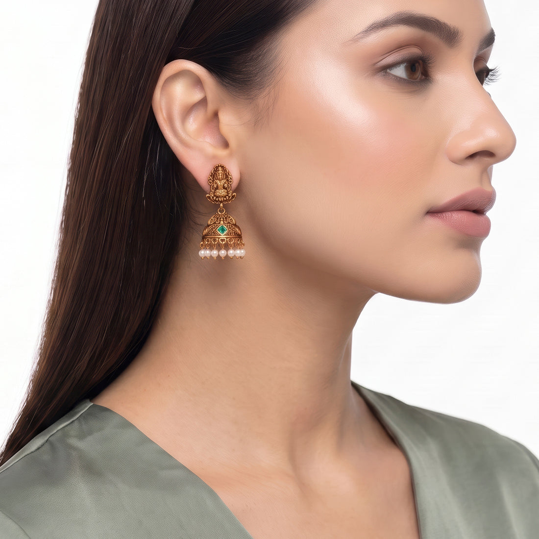 PRAO Earrings Anti-Tarnish Traditional Temple Lakshmi Jhumka Studs With Pink Green Stones And Seed Pearls