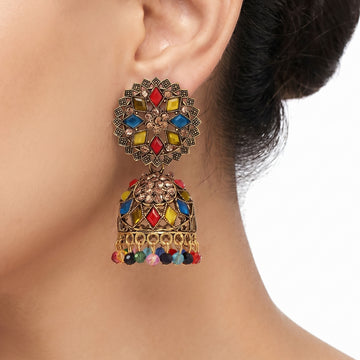 PRAO Earrings Anti-Tarnish Multi-Colored Antique Gold Jhumka
