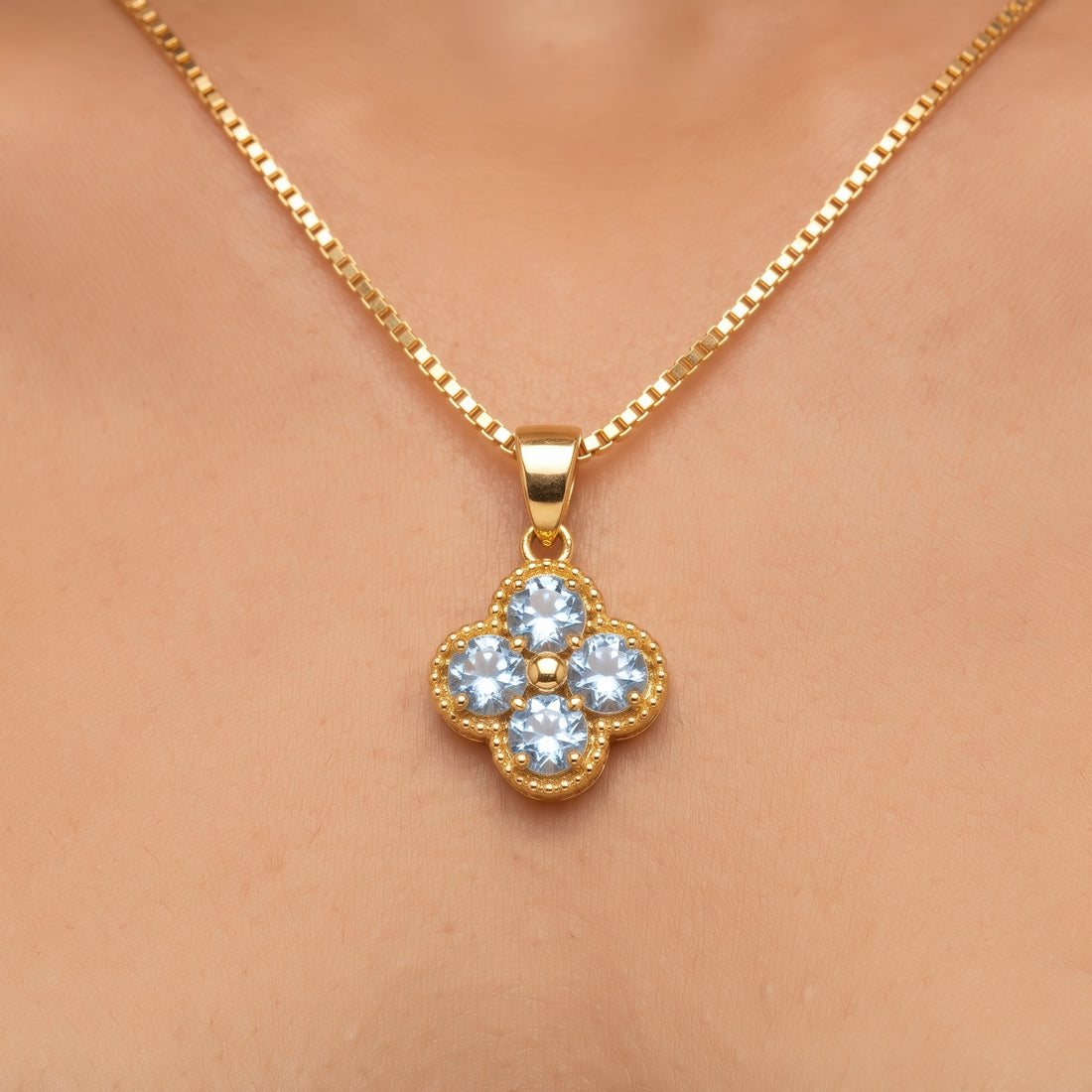 PRAO Necklace Anti-Tarnish Box Chain With Light Blue Quatrefoil Pendant