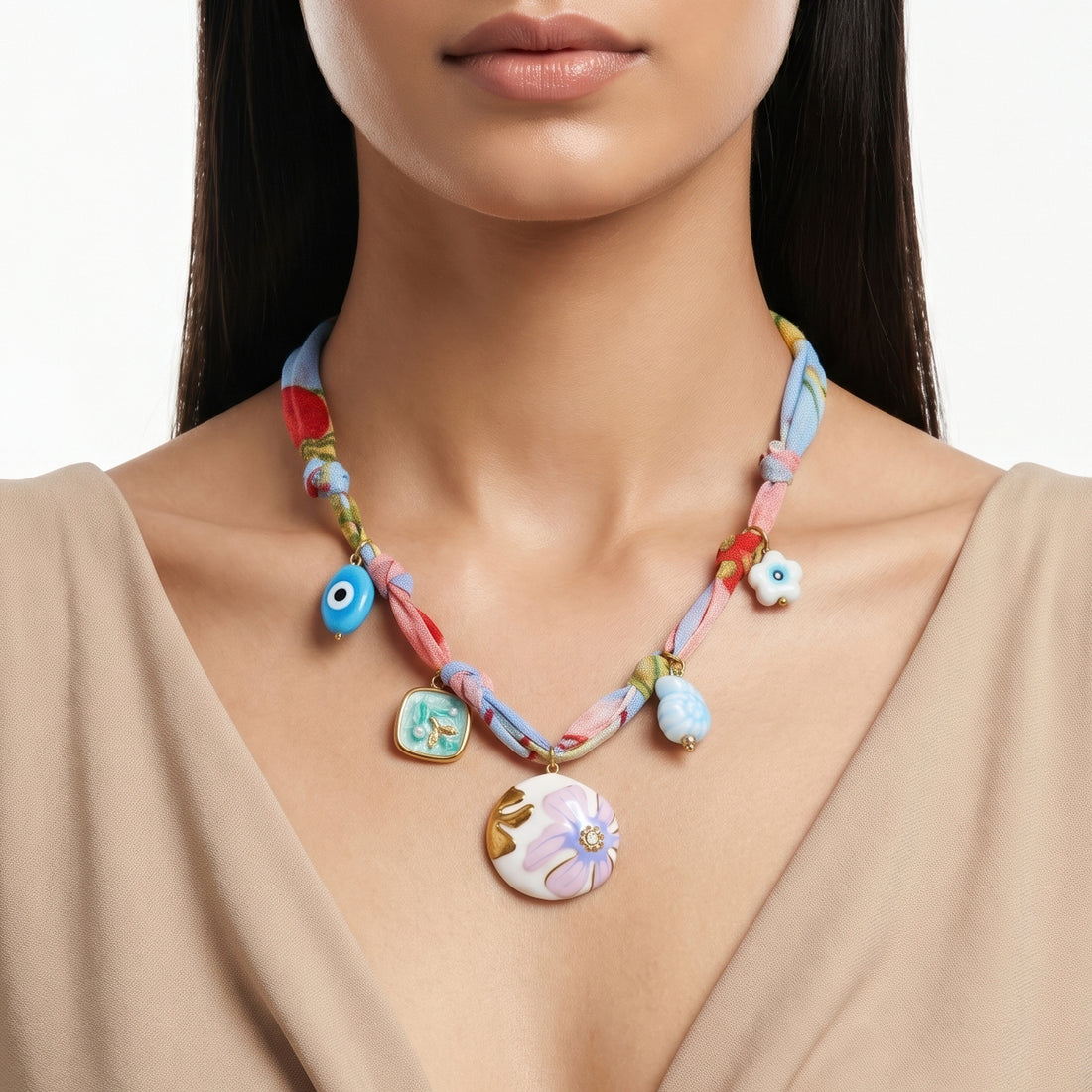 PRAO Necklace Anti-Tarnish Sky Blue Fabric Evil Eye Flower