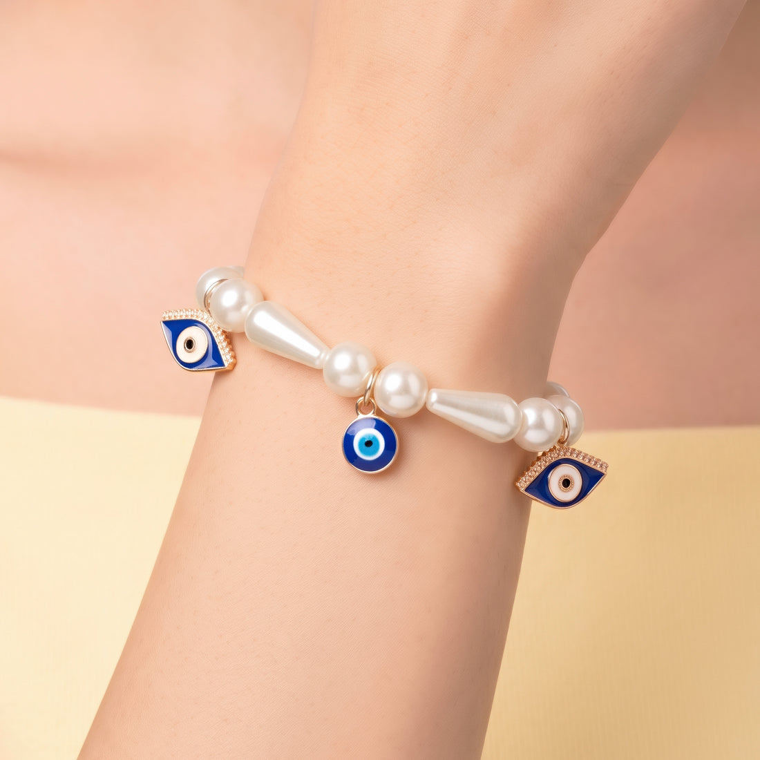 PRAO Bracelet Anti-Tarnish Pearl Beaded Bangle Featuring Blue Evil Eye Charm (Adjustable Size)
