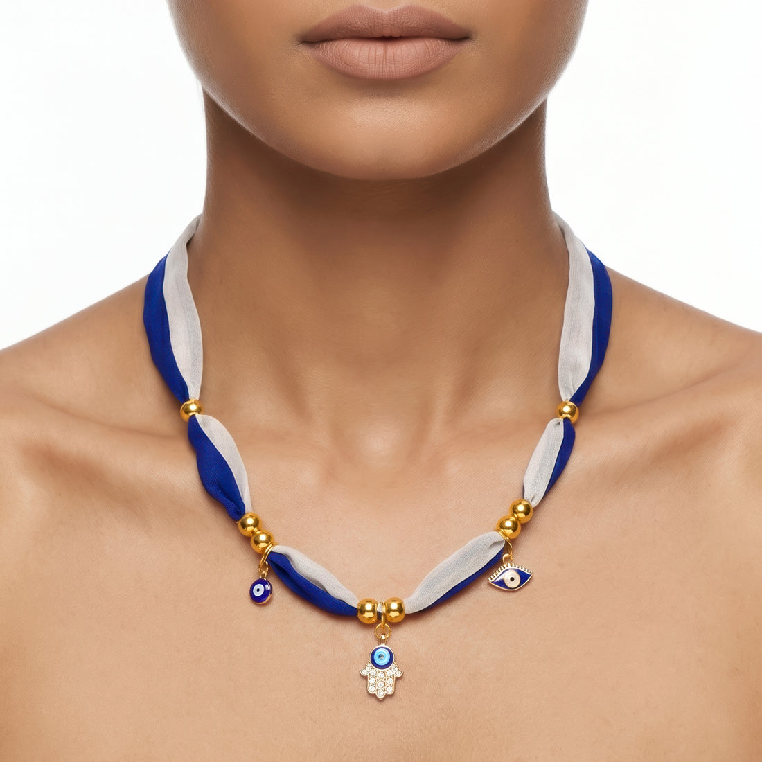PRAO Necklace Anti-Tarnish Blue And White Fabric With Beads And Evil Eye Charms