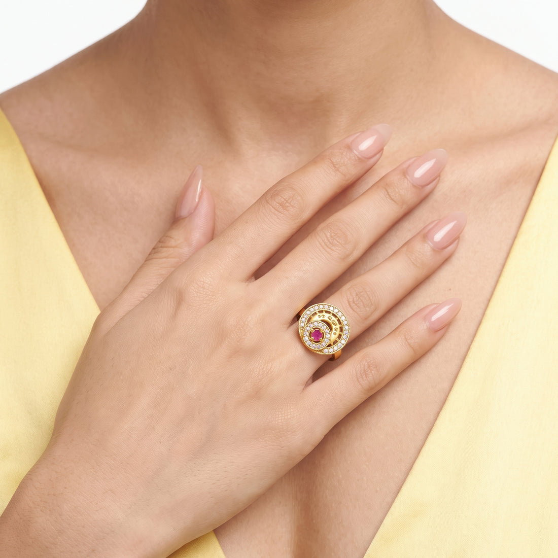 PRAO Ring Anti-Tarnish Crystal Halo with Pink Stone (Adjustable Size)