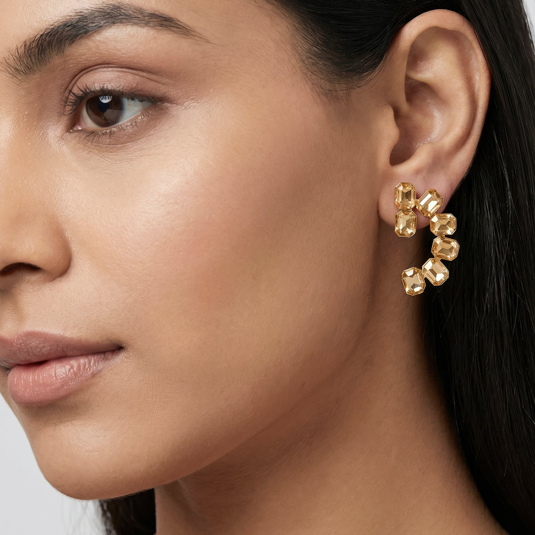 PRAO Earrings Anti-Tarnish C-Shaped Champagne Crystal Studs