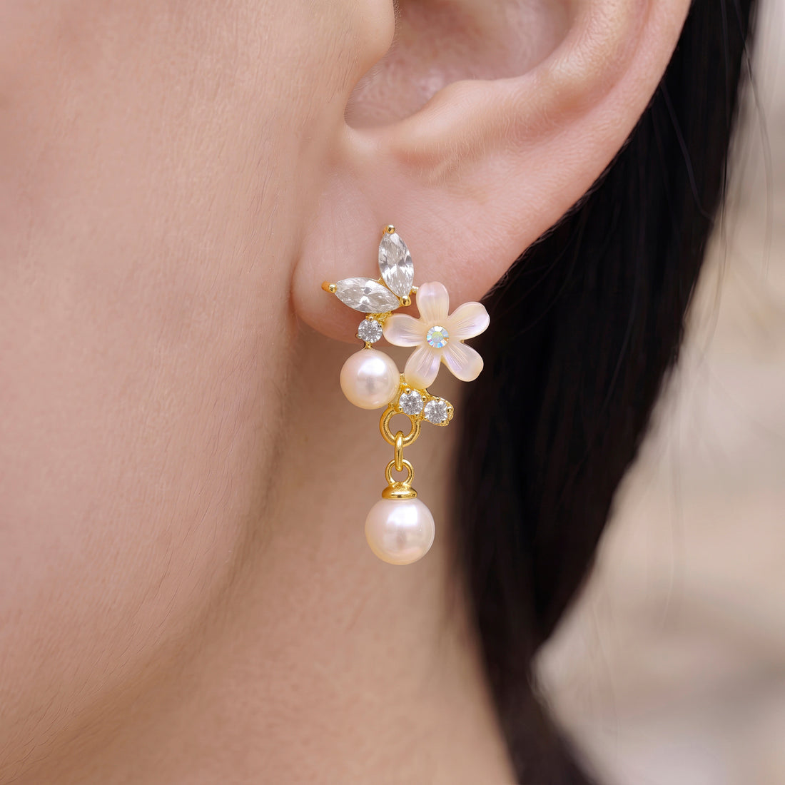 PRAO Earrings Anti-Tarnish Floral Pearl Dangles