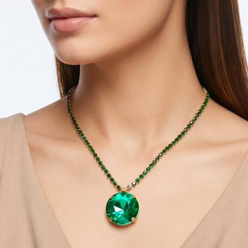 PRAO Necklace Anti-Tarnish Oversized Round Emerald Crystal Pendant