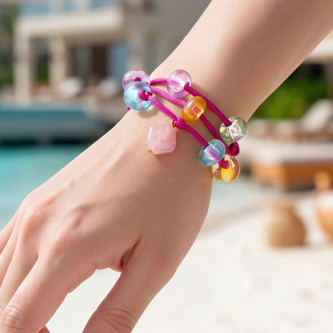 PRAO Necklace Cum Bracelet Anti-Tarnish Hot Pink Wrap With Colorful Glass & Stone Beads