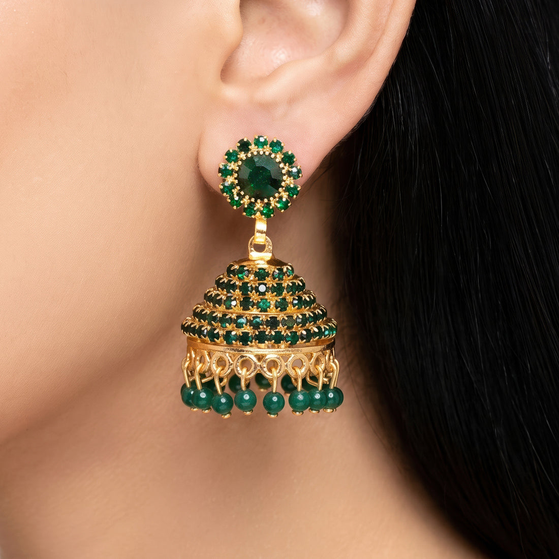 PRAO Earrings Anti-Tarnish Green Stone Jhumka