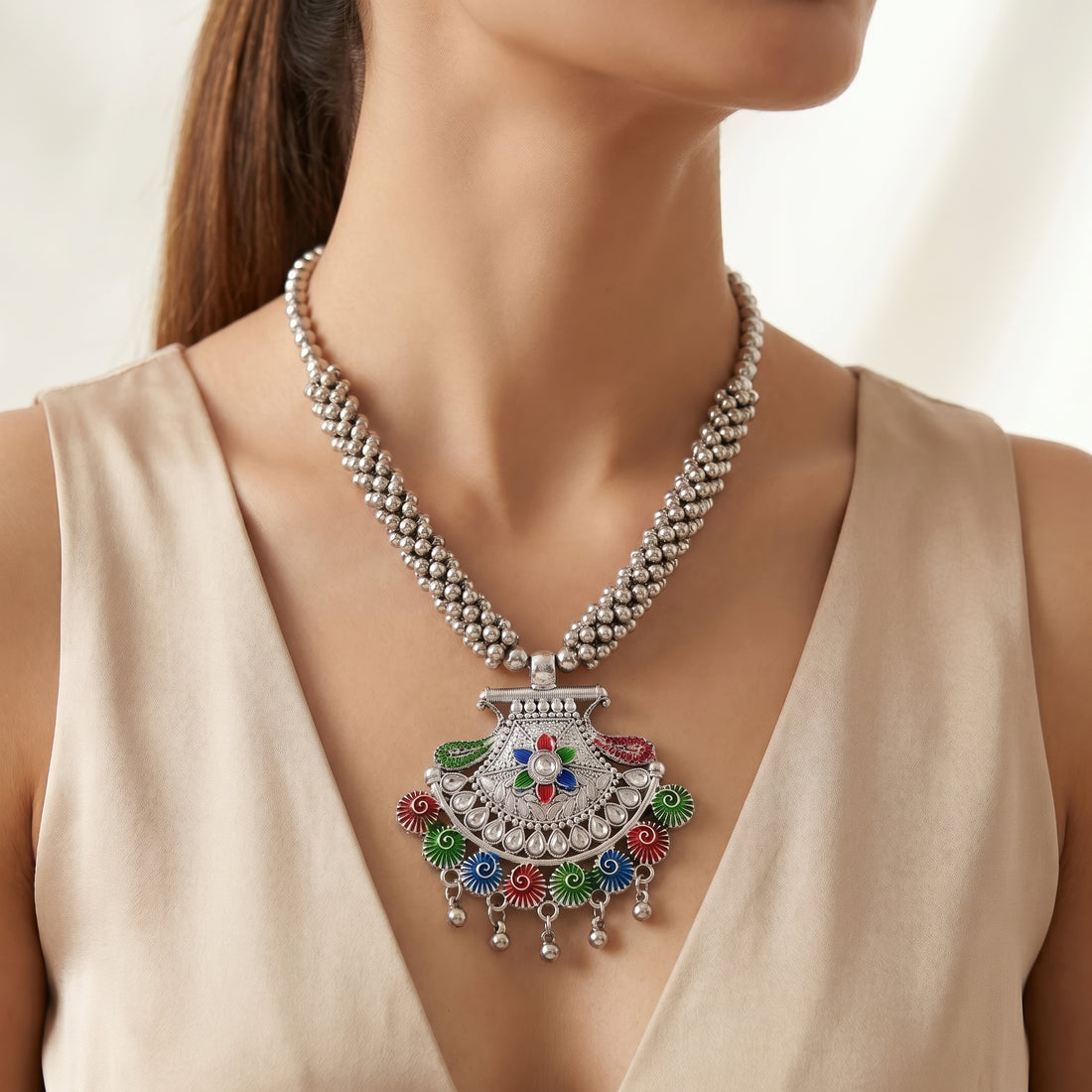 PRAO Necklace Anti-Tarnish Oxidised Enamel Pendant Set With Earrings