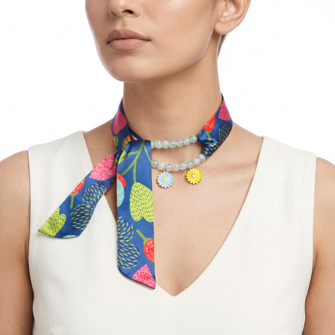 PRAO Necklace Cum Bracelet Scarf With Blue Ribbon And Enamel Flower Charms