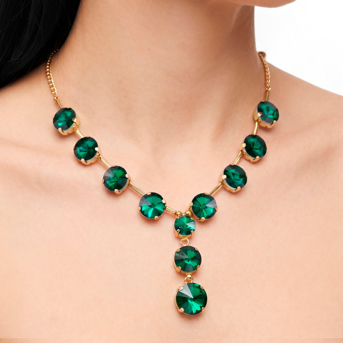 PRAO Necklace Anti-Tarnish Spacer Round Emerald Crystal