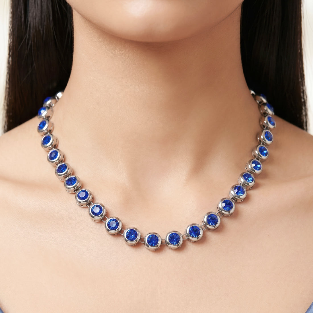PRAO Necklace Anti-Tarnish Studded Single-Line With Blue Sapphire Crystals