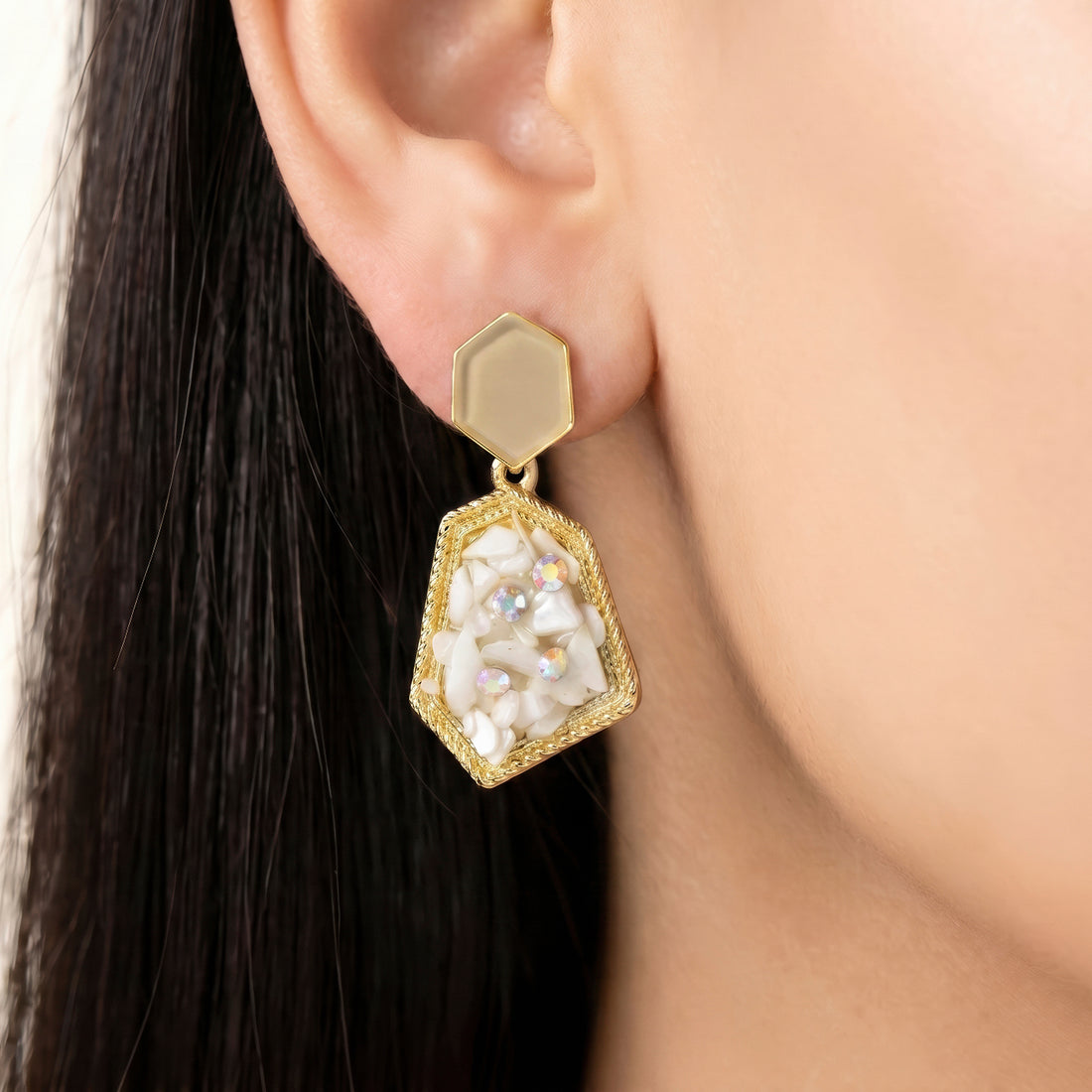 PRAO Earrings Anti-Tarnish Geometric Dangle With Shell Mosaic And Iridescent Accents