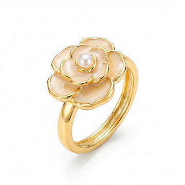 PRAO Ring Anti-Tarnish Enamel Flower Pearl (Adjustable Size)