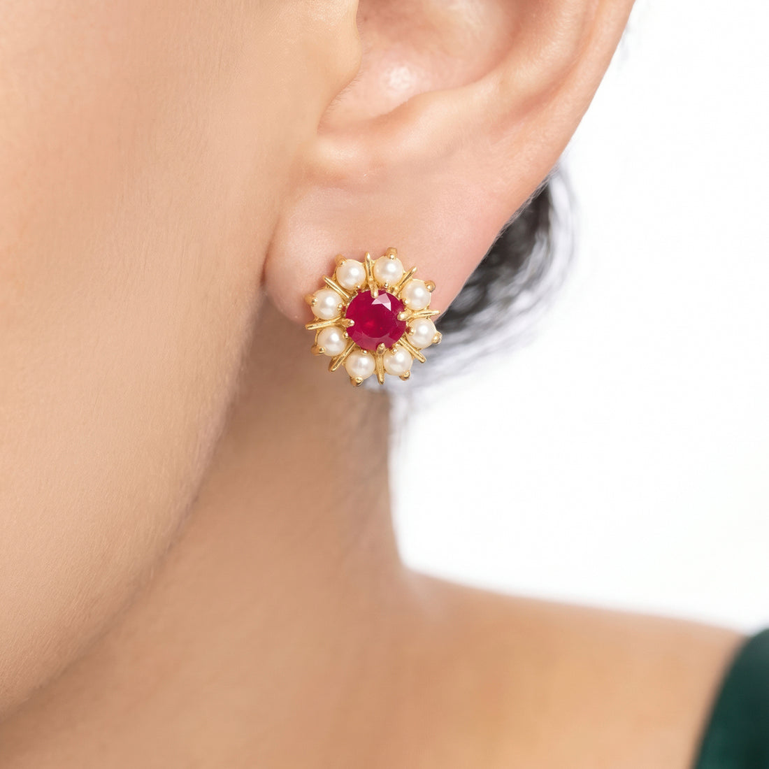 PRAO Earrings Anti-Tarnish Ruby Floral Studs