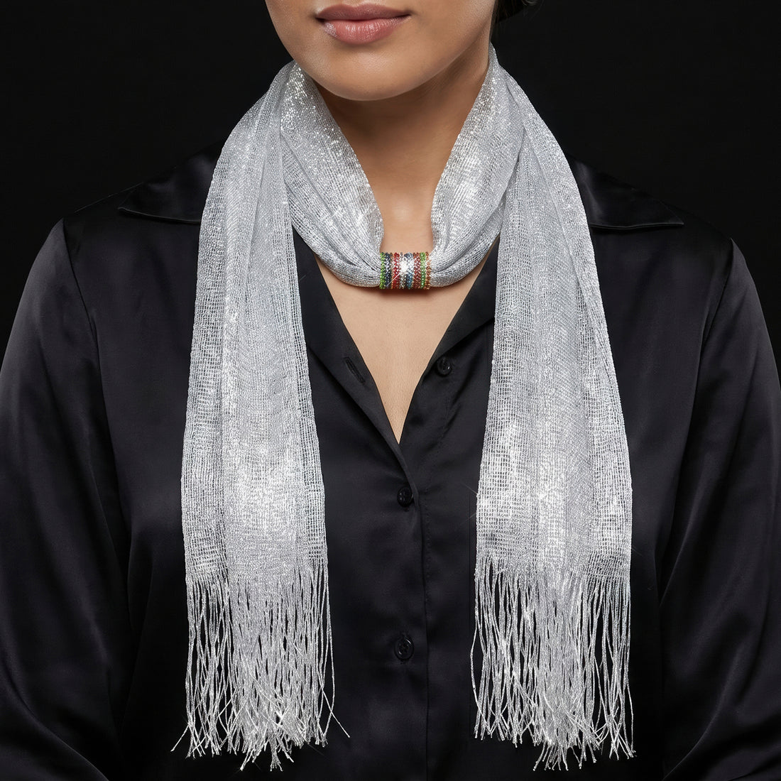 PRAO COMBO ✨ Silver Scarf With Multicoloured Crystal Earrings Set
