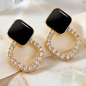 PRAO Earrings Anti-Tarnish Geometric Black Enamel Crystal Studs