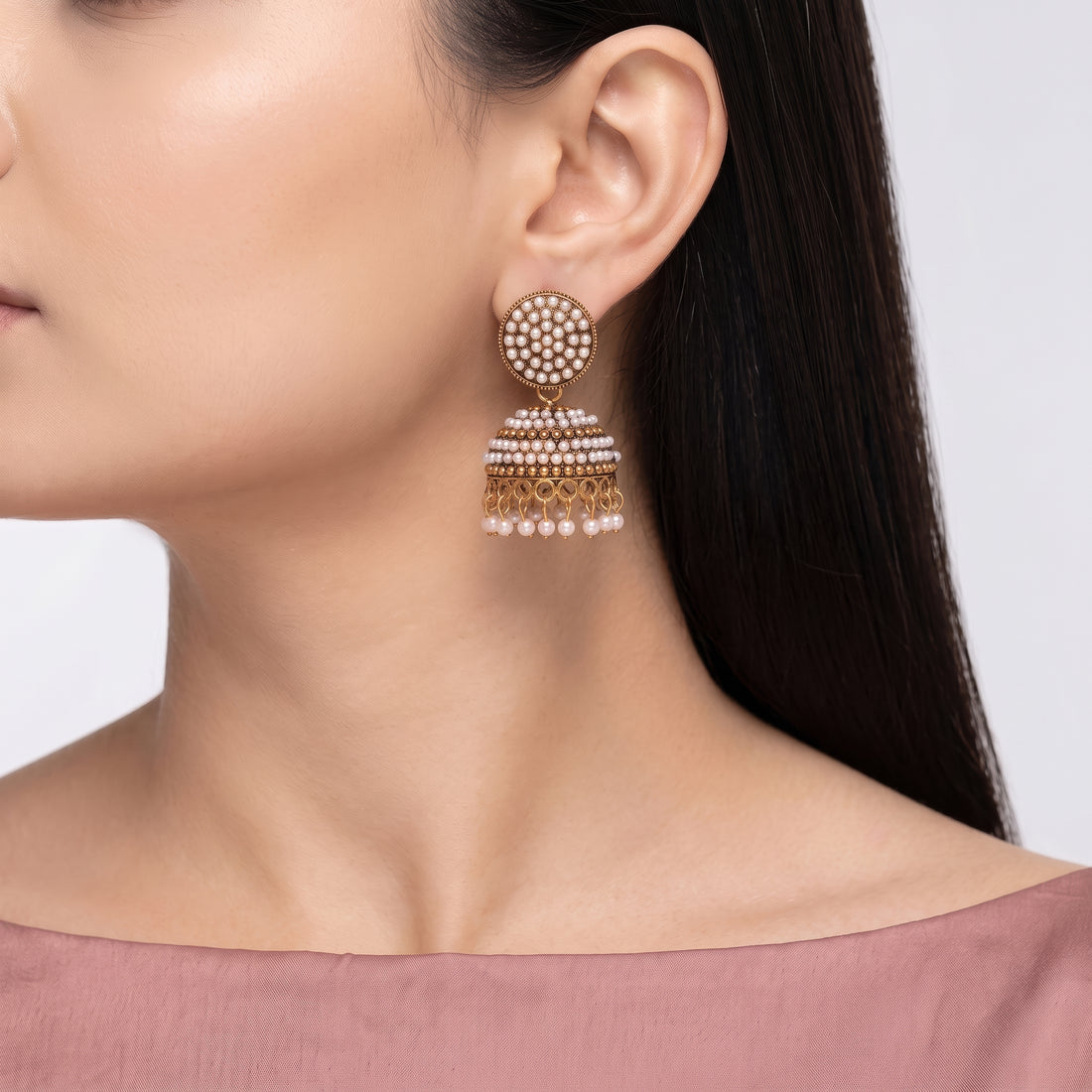 PRAO Earrings Anti-Tarnish Traditional Pearl Jhumka Dangles With Circular Studs