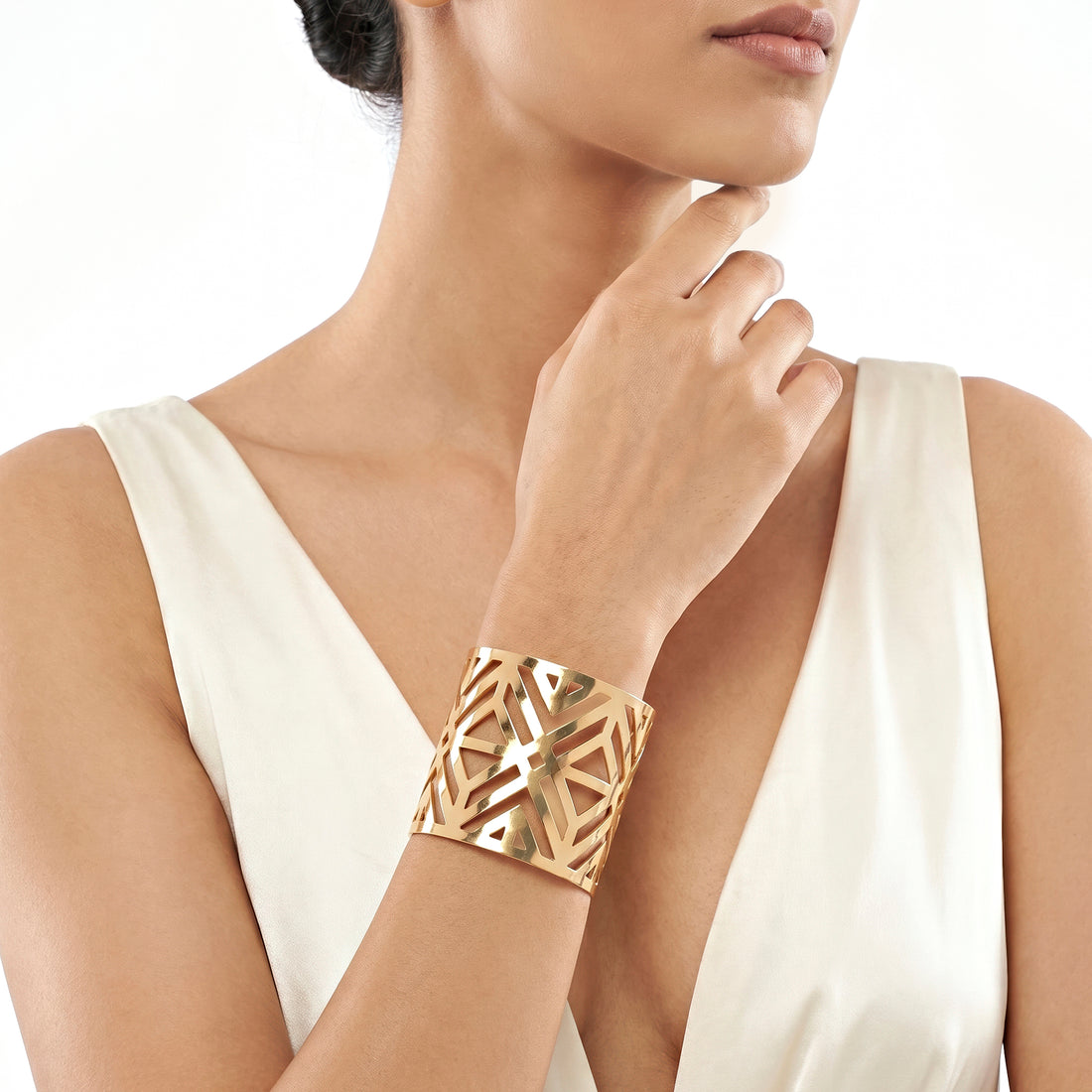PRAO Bracelet Anti-Tarnish Wide Cuff With Open-Work Triangles (Adjustable Size)