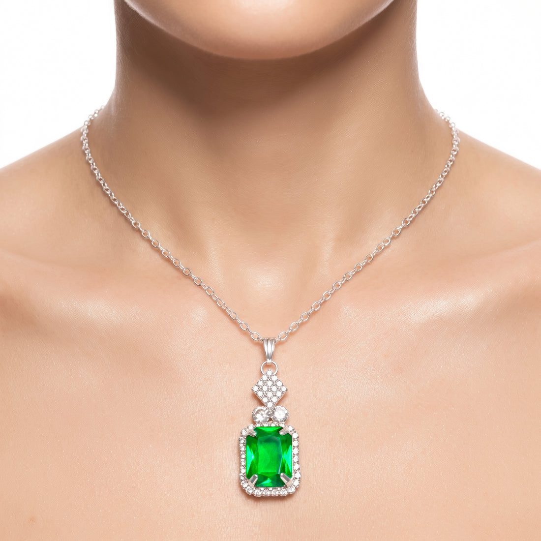 PRAO Necklace Anti-Tarnish Emerald-Cut Green Gemstone Pendant Chain With Crystal Accents