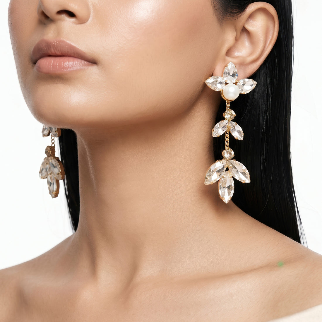 PRAO Earrings Anti-Tarnish Floral Crystal & Pearl Dangles
