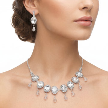 PRAO Necklace Anti-Tarnish White Crystal Gemstone Set With Earrings