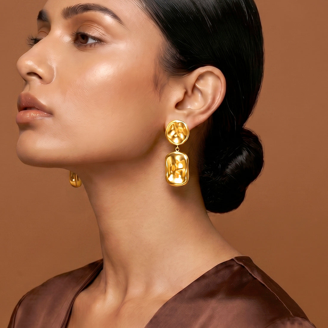 PRAO Earrings Anti-Tarnish Tiered Hammered Round & Rectangle Drop