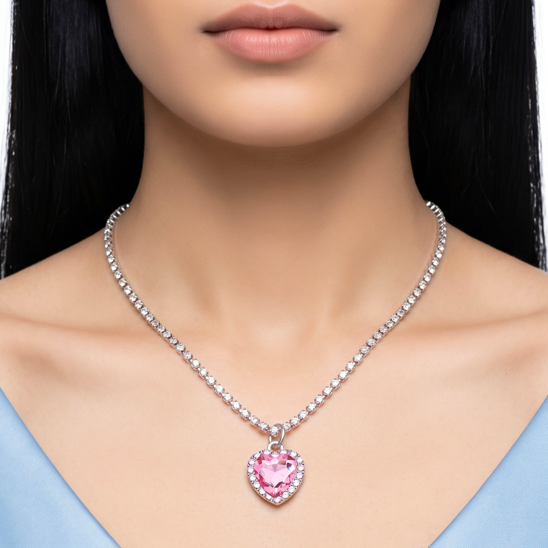 PRAO Necklace Anti-Tarnish Delicate Tennis Chain With Pink Heart Crystal Pendant