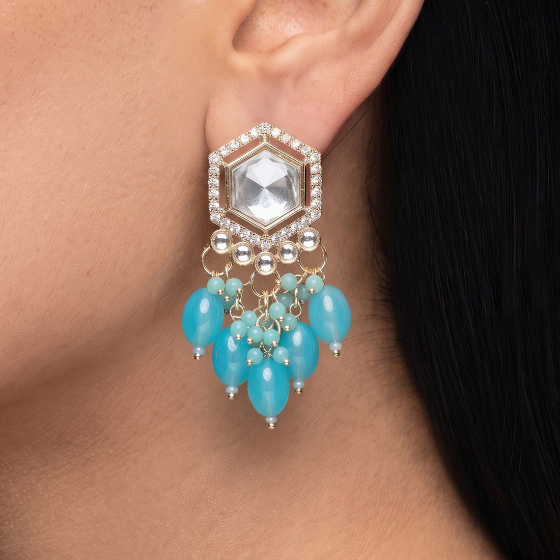 PRAO Earrings Anti-Tarnish Aqua Bead Chandeliers