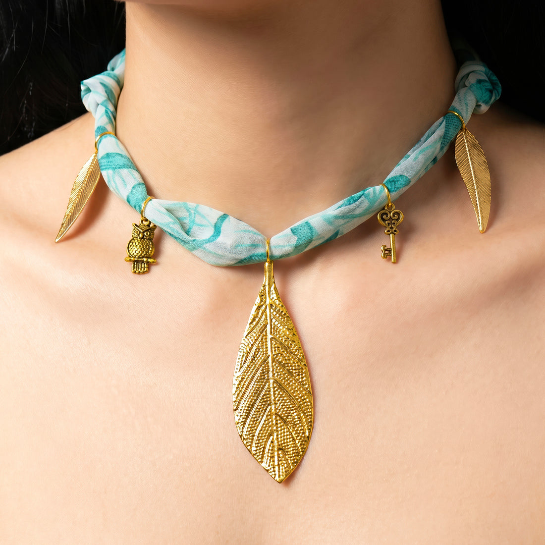 PRAO Necklace-Cum-Bracelet Anti-Tarnish Whimsical Blue And White Fabric Choker With Leaf, Owl And Key Charms