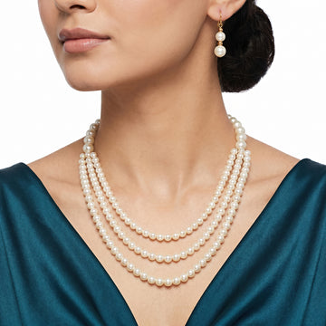 PRAO Necklace Anti-Tarnish Triple-Layered Faux Pearl Set With Earrings