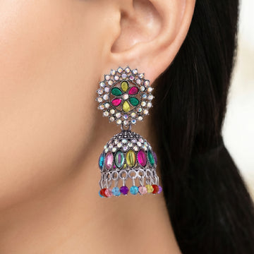 PRAO Earrings Anti-Tarnish Multi-Color Beaded Jhumka With Teardrop Gemstones