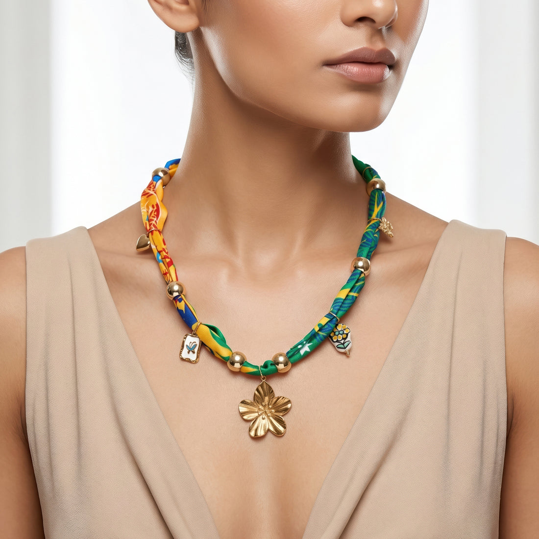 PRAO Necklace Anti-Tarnish Tropical Fabric Lily Charm