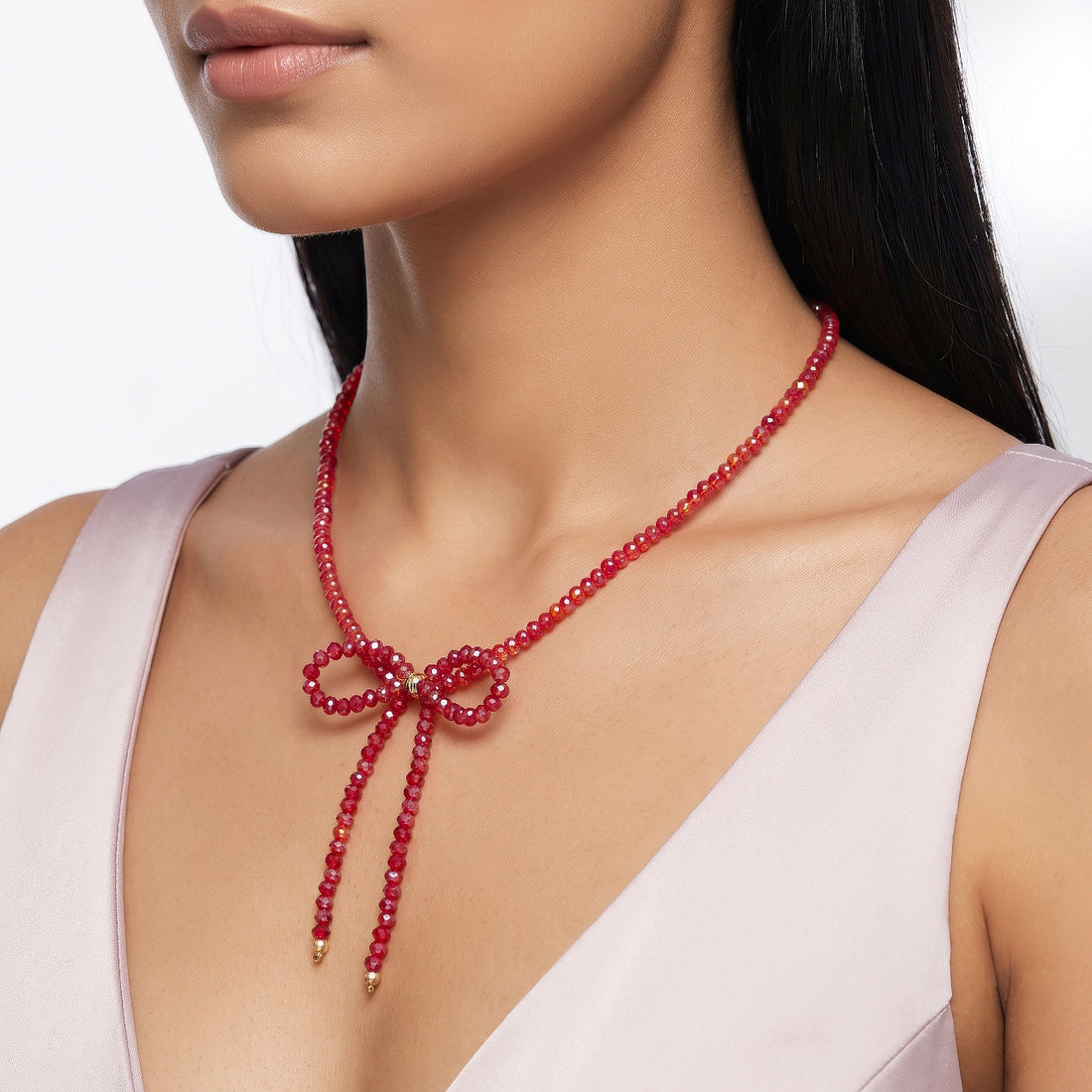 PRAO Necklace Anti-Tarnish Red Beaded Bow