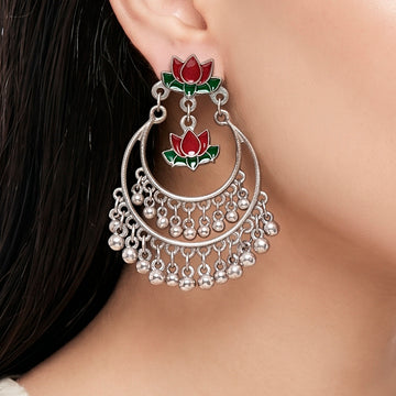 PRAO Earrings Anti-Tarnish Crescent Lotus Enamel Ghungroos