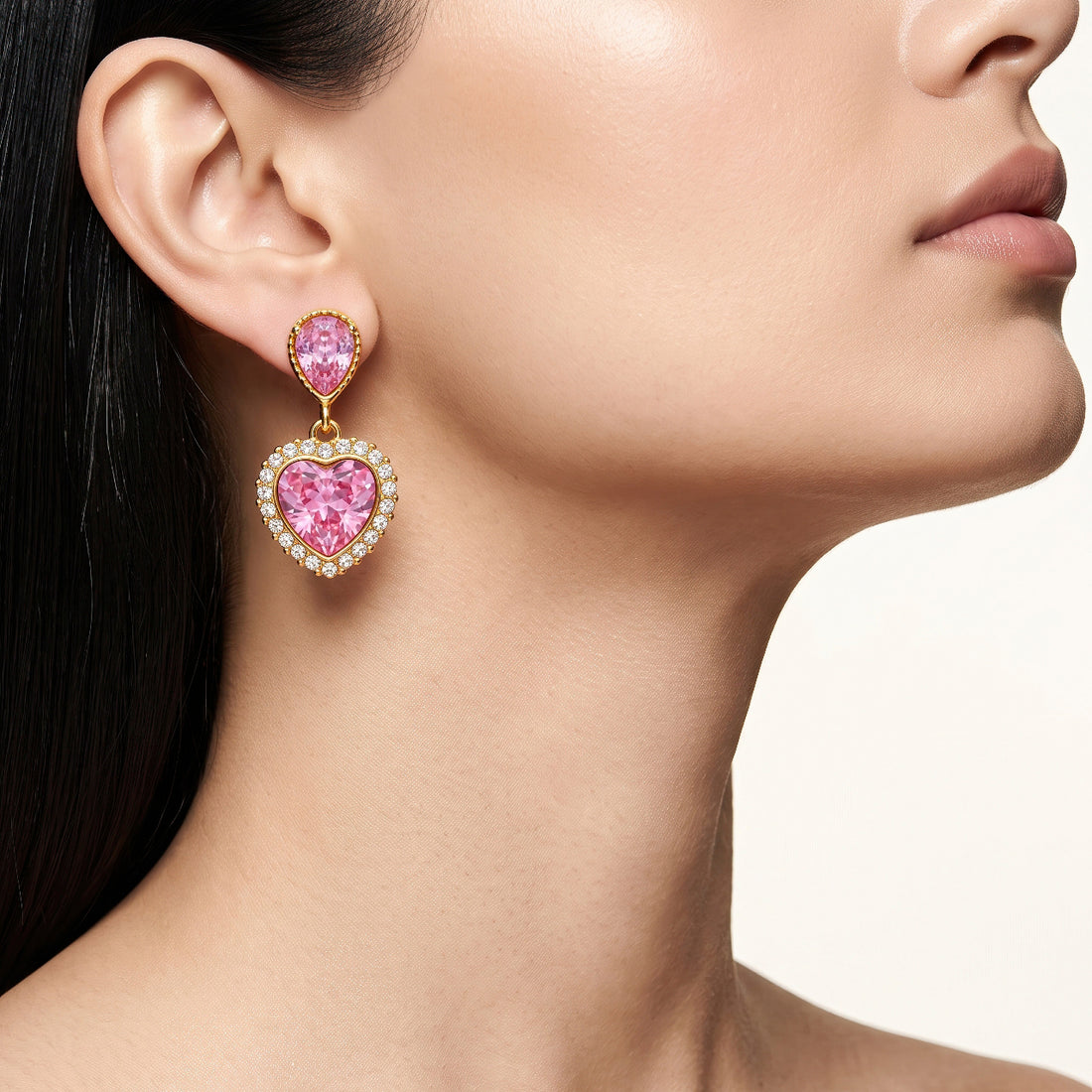 PRAO Earrings Anti-Tarnish Pink Heart Crystal Drops
