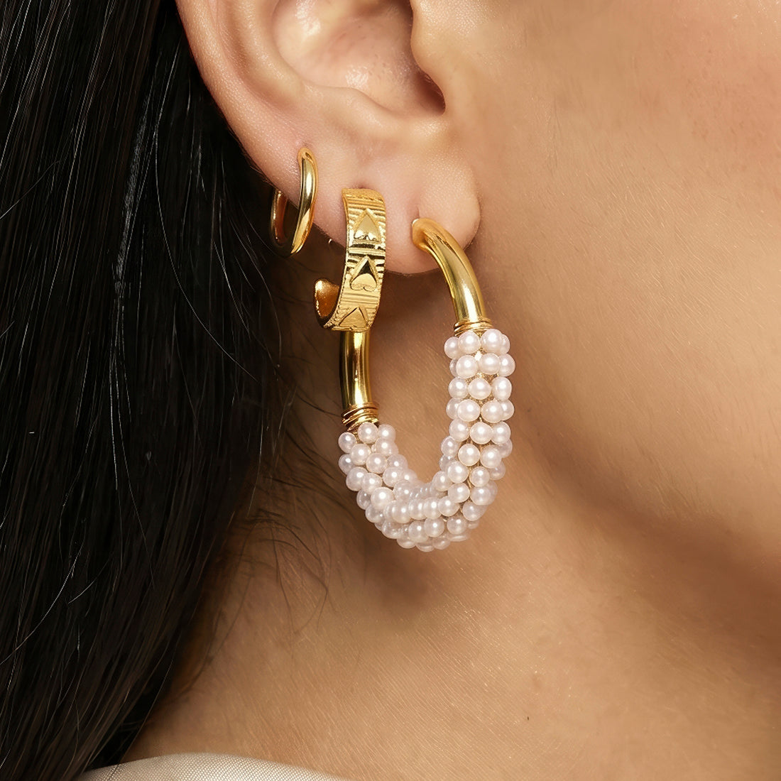 PRAO 3 Earrings Anti-Tarnish Pearl Wrapped Hoop Set With Huggies