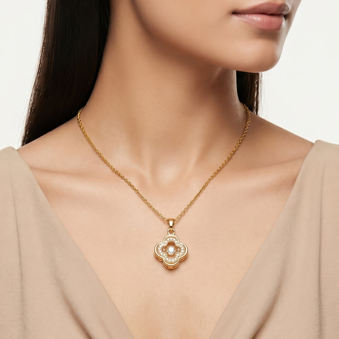 PRAO Necklace Anti-Tarnish Clover Pendant With Pavé Accents