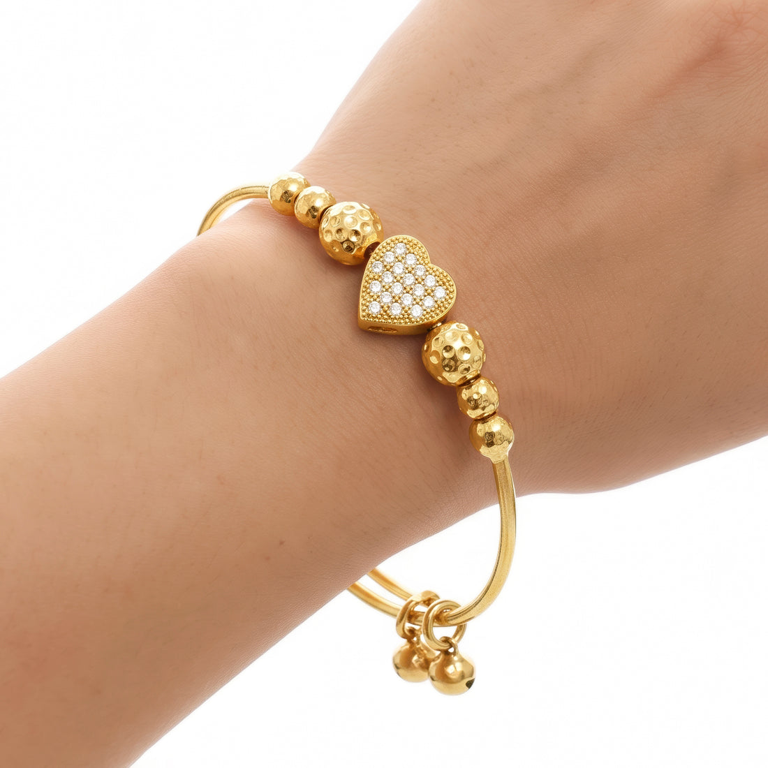 PRAO Bracelet Anti-Tarnish Adjustable Crystal Heart And Textured Bead Bangle (Adjustable Size)