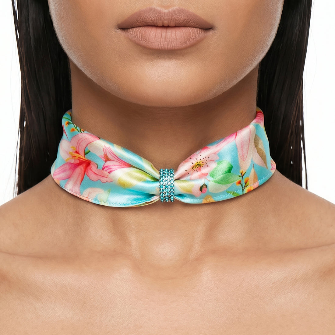 PRAO Scarf Necklace Teal Satin Floral With Slide Ring