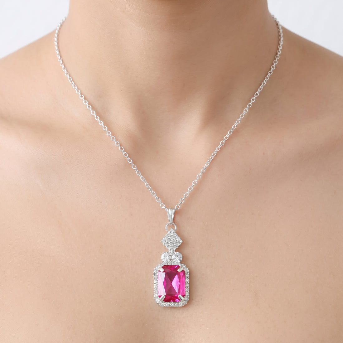 PRAO Necklace Anti-Tarnish Emerald-Cut Fuchsia Pink Gemstone Pendant Chain With Crystal Accents