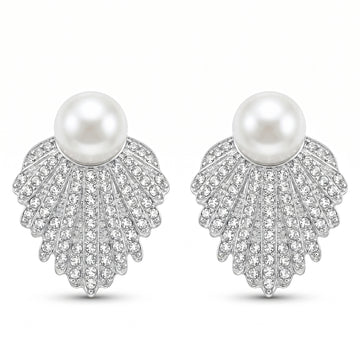 PRAO Earrings Anti-Tarnish Ivory Pearl Leaf Crystal Studs